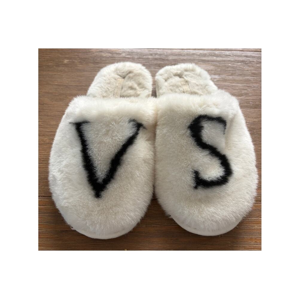 Victoria’s Secret Faux Fur Slippers White Black VS Cozy Slide Slippers Large